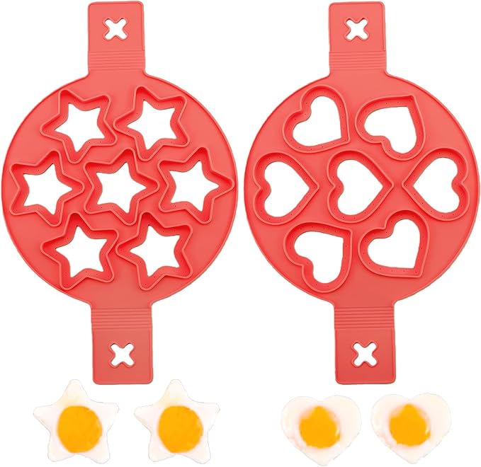 7-Cavity Pancake Maker Mold,Nonstick Silicone Egg Mold Ring with Handle for Star Heart Shape Pancake, Fried Egg, Burger - Reusable Breakfast Cooking Baking Tools for Kids（Red）