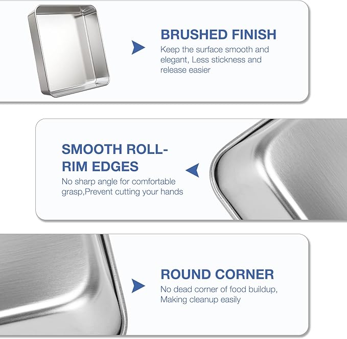 9 Inch Square Cake Pan Set of 2, Stainless Steel Baking Brownie Pan for Lasagna, Roaster Oven Cookie Sheet BBQ Grilling Pan for Baking Breads, Grilling Chicken & Vegetables, Dishwasher Safe
