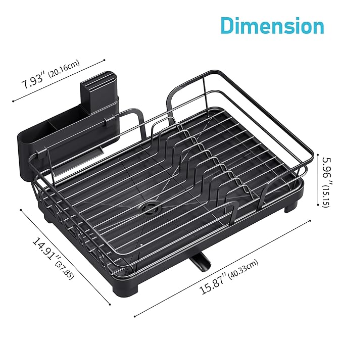 Dish Drying Rack for Kitchen Counter, Multifunctional Dish Drainer Rack, Kitchen Dish Rack, Sink Dishes Strainer, Plate Rack with Drain Board, Cup Holder, and Cutlery Holder,Medium Size Black