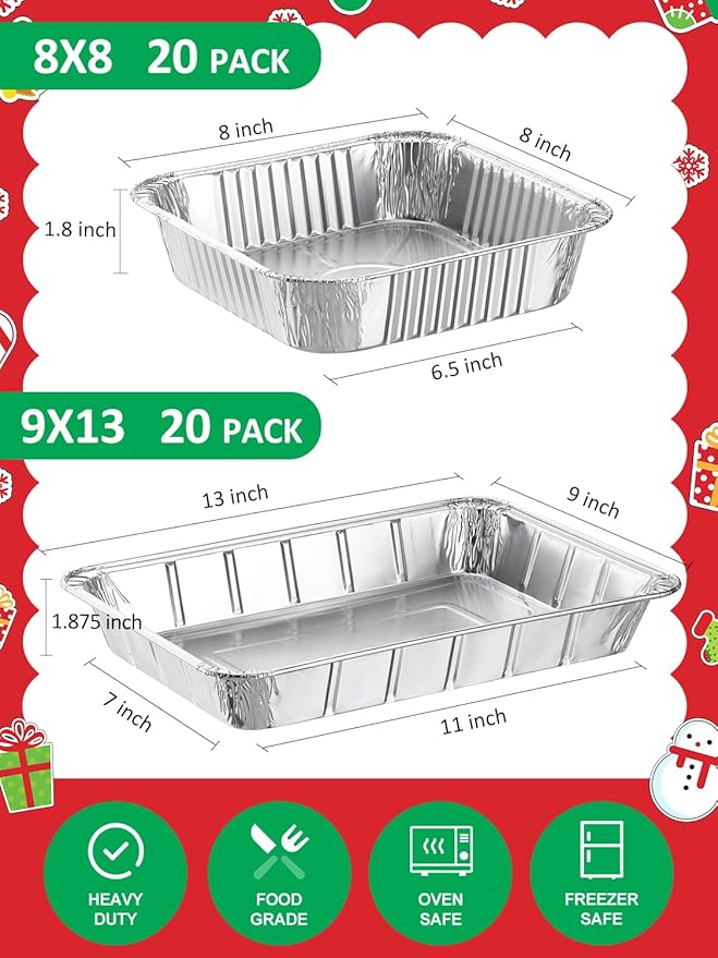 40 Pack Disposable Aluminum Pans Combo Set - 20 Large 9x13 Aluminum Foil Pans Half Size & 20 Small 8x8 Tin Foil Baking Pans, Tin Trays Containers for Meal Prep, Food Cooking, Roasting, Heating