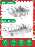 40 Pack Disposable Aluminum Pans Combo Set - 20 Large 9x13 Aluminum Foil Pans Half Size & 20 Small 8x8 Tin Foil Baking Pans, Tin Trays Containers for Meal Prep, Food Cooking, Roasting, Heating