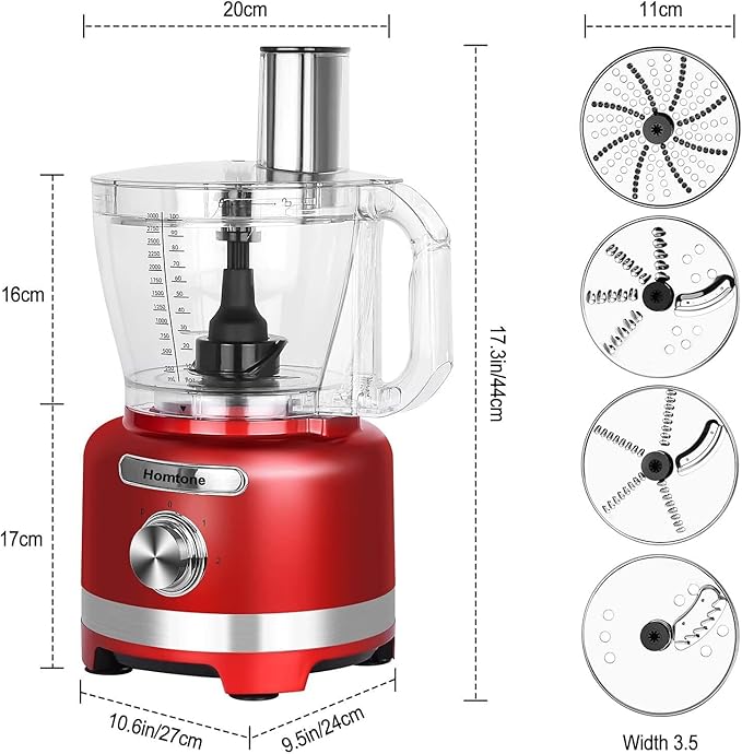 Homtone 16 Cups Food Processor, Extra Large Food Processors for Shredding, Slicing, Doughing and Chopping, 6 Blades 8 Functions for Home Use, 3 Speed, 600W, Red