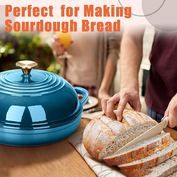 Enameled Round Cast Iron Bread Oven, 6 Qt Cast Iron Dutch Oven for Homemade Sourdough Bread Baking, Bread Dome Pot with Cloche Lid (Blue Green)