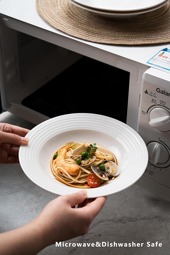 8.7-inch Wide Rim Ceramic Soup Bowl - Lead-Free White Pasta Bowls for Spaghetti, Salad, Stew, Rice Microwave & Dishwasher Safe - Scratch-Resistant & Heatproof Design Set of 2