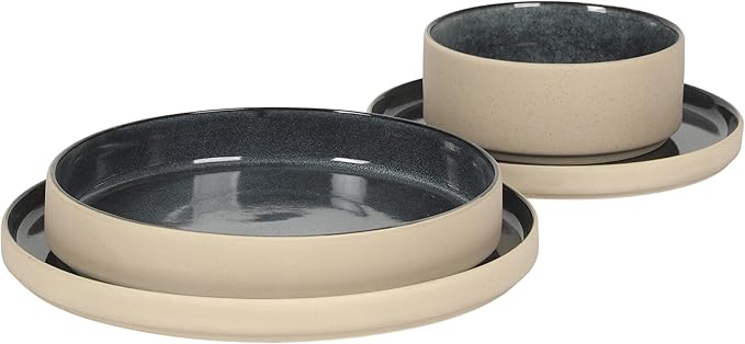 Gibson Elite Liberty Bay 16-Piece Pottery Clay Stoneware Dinnerware Set – Blue Reactive Glaze, Stackable Plates and Bowls W/Pasta Bowl, Service for 4 – Microwave & Dishwasher Safe
