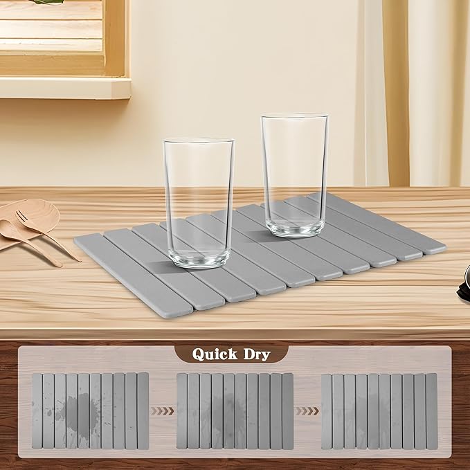Stone Dish Drying Mat for Kitchen,Fast Dry and Quickly Absorbed Collapsible Drying Mat, 24"×16" Protection Kitchen Counter , Diatomaceous Earth Food Grade Stone Drying Trays (Deep Grey, 16*24 inch)