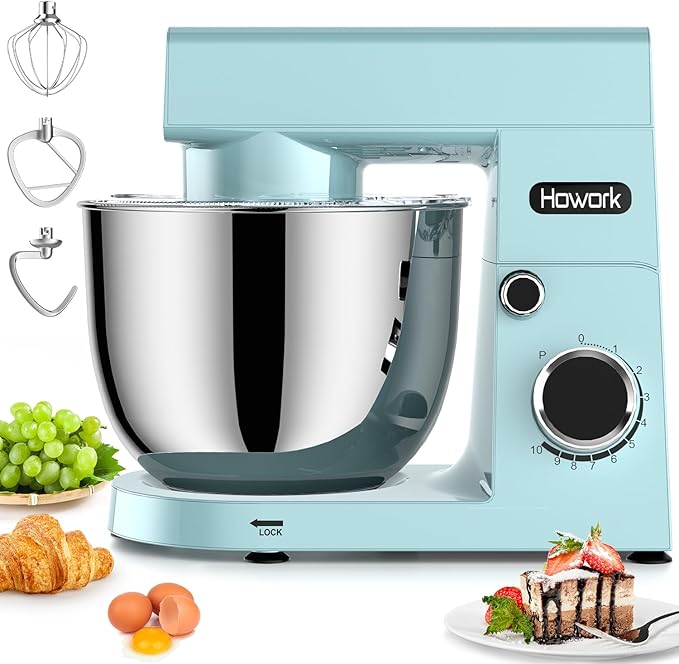 HOWORK Stand Mixer,10+p Speeds With 5.5QT Stainless Steel Bowl,Dough Hook, Wire Whip & Beater,for Most Home Cooks,Blue