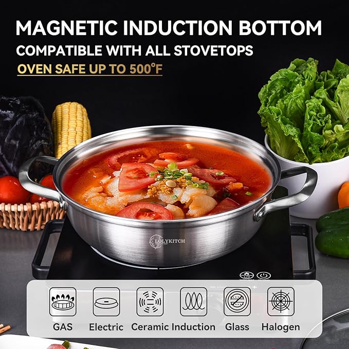LOLYKITCH 13 Inch Tri-Ply Stainless Steel Sauté Pan with Lid,Everyday Pan,Kadhai,Jumbo Cooker,5 QT Induction Cooking Pot,Dishwasher and Oven Safe