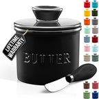 Zulay Kitchen Porcelain Butter Crock With Lid & Knife - Authentic French Butter Dish Keeper For Fresh & Spreadable Butter - Black Bell Shaped
