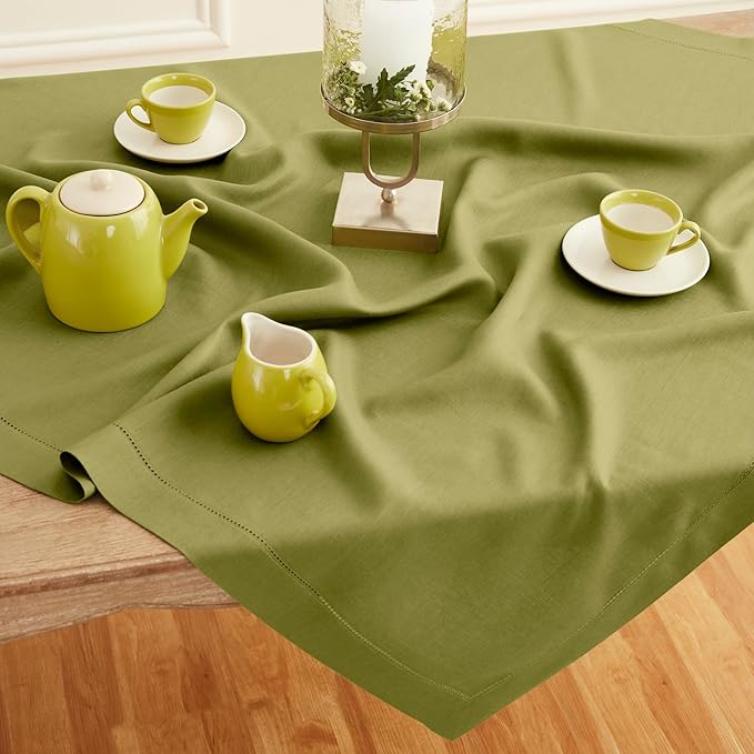 Solino Home Avocado Green Linen Tablecloth 52 x 52 Inch - 100% Pure Linen Square Table Throw - Classic Hemstitch, Machine Washable Table Cloth for Summer, Fall, Autumn