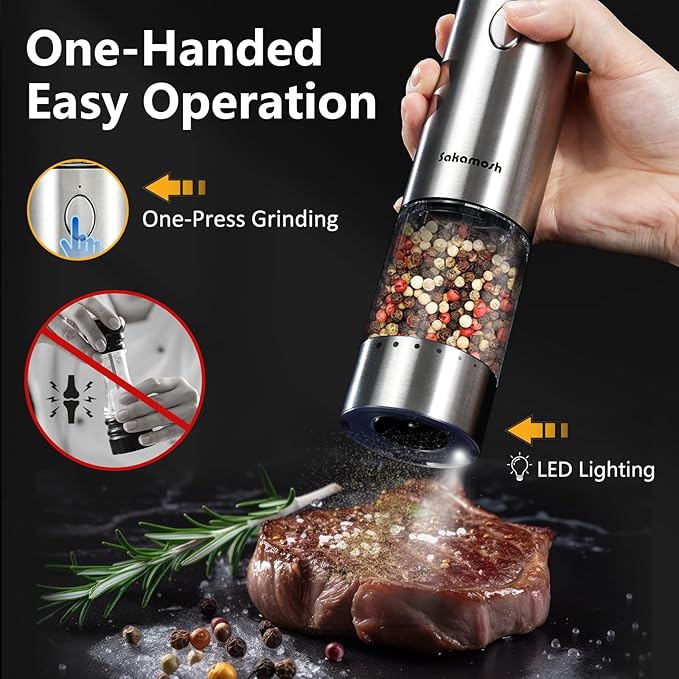 Electric Salt and Pepper Grinder Set Rechargeable, Auto One-handed Operation Pepper Mill with LED Light, EXT. Coarseness Adjustment, 2-Speed Control, Stainless Steel Salt Shakers (2 Pack)