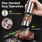 Electric Salt and Pepper Grinder Set Rechargeable, Auto One-handed Operation Pepper Mill with LED Light, EXT. Coarseness Adjustment, 2-Speed Control, Stainless Steel Salt Shakers (2 Pack)