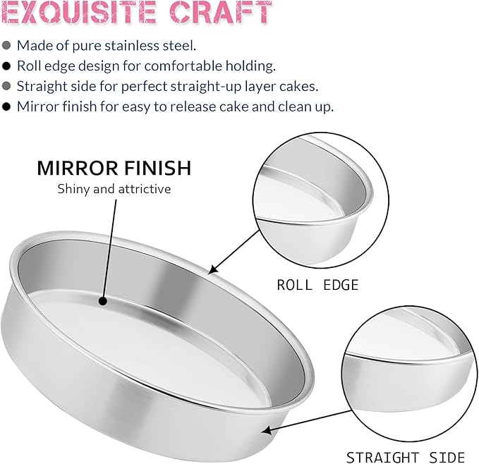 E-far 8 Inch Cake Pan Set of 3, Stainless Steel Round Layer Cake Baking Pans, Non-Toxic & Healthy, Mirror Finish & Dishwasher Safe