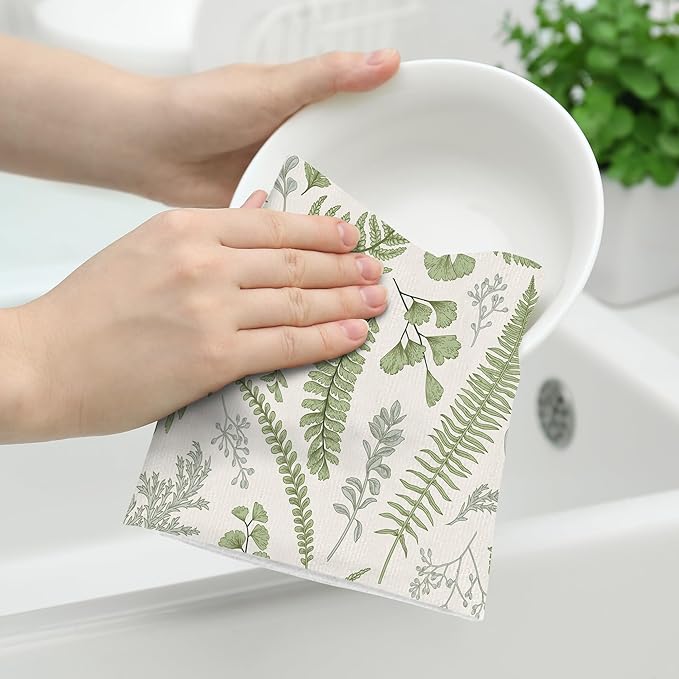 Cute Botanic Dish Towels for Drying Dishes, Absorbent Decorative Sage Green Herbs Leaves Kitchen Towels,Hand Towels Tea Tewels for Kitchen Baking Bar Bathroom Decoration
