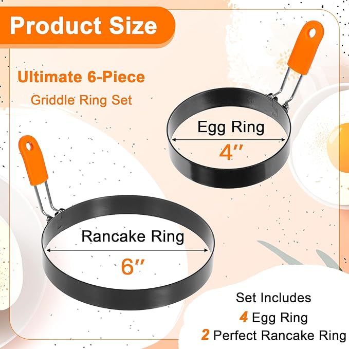 6 Pcs Professional Egg Ring Pancake Ring Set Stainless Steel Fried Egg Ring Griddle Pancake Shapers with Grill Oil Brush & Egg Separator for Breakfast Omelette Sandwich (4, 6 Inch)