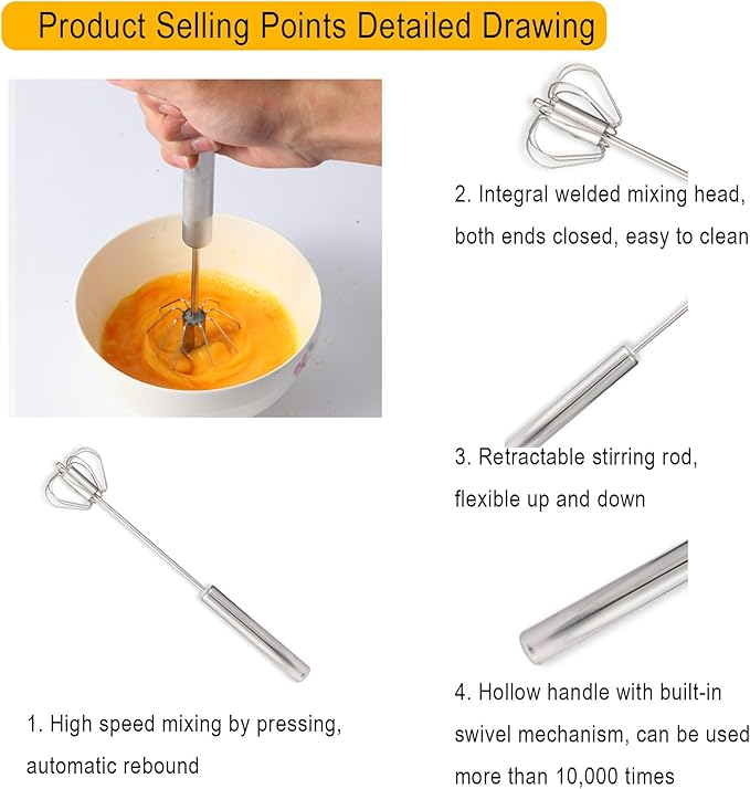 3-Piece Whisk Set with Yolk Separator - Semi-Auto & Manual Cooking Whisks for Baking Mixing, Egg Foaming | Stainless Steel Beating Tools with Ergonomic Handles (3PC Kitchen Gadgets)