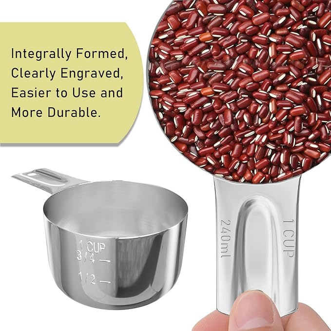 2PCS 1Cup (240ml, 8oz) Single Measuring Cup, Stainless Steel Measure Scoop, Metric and US Measurement, Dishwasher Safe