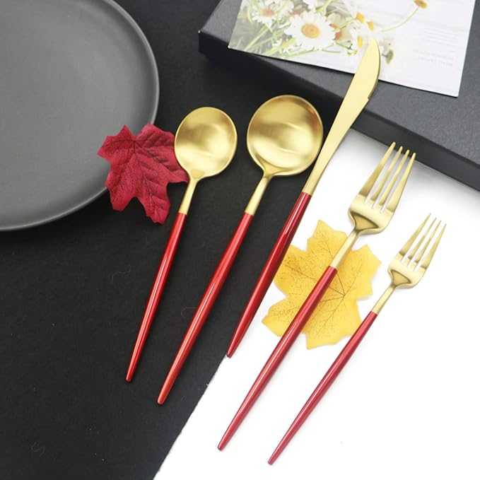 JASHII Luxury 18/10 Red Handle Flatware Gold Silverware Set 304 Stainless Steel Flatware Cutlery Set| 5-Piece Adaline Royal Modern Satin Finish| BEST Birthday Wedding Gift (Red Handle Matte Gold)