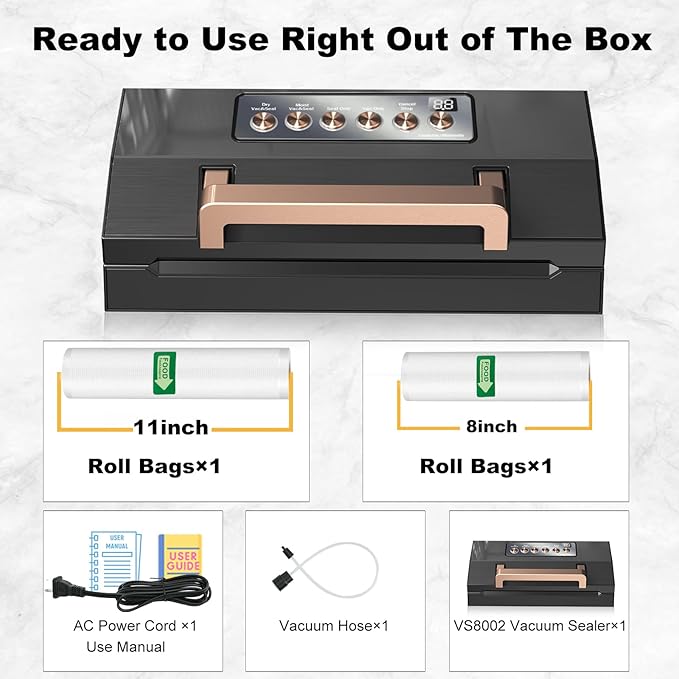 2025 Black Stainless Steel Food Vacuum Sealer, VACAPEX Deluxe Vacuum Sealer Machine with 11" Double Heat Seal and Automatic One-Touch System, Bags Storage & Cutter, Easy-Lock Handle with 2 Bag Rolls