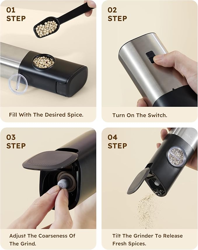 Sangcon Gravity Electric Salt and Pepper Grinder Set [Upgraded Larger Capacity] USB Rechargeable With Dual Charging Base - Automatic One Hand Operation - Adjustable Coarseness & LED Light Refillable