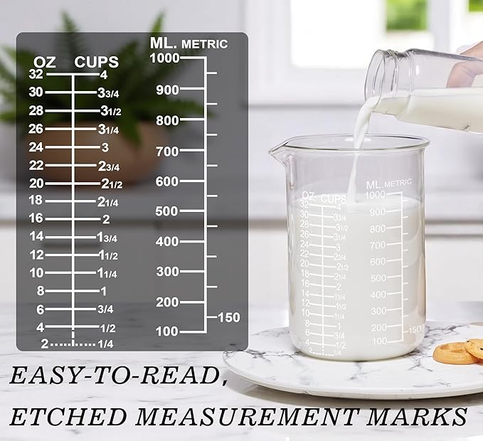 Ackers Etching Scale Glass Measuring Cup Set-V-Shaped Spout,Includes 60ml(2OZ), 120ml(4OZ), 250ml(8OZ), 500ml(16OZ), and 1000ml (32OZ) for Kitchen or Restaurant, Easy to Read