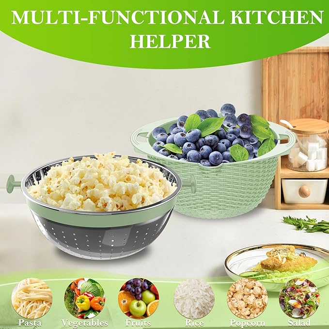 4 in 1 Colander with Bowl Set, Food Strainers and Colanders, Colander for Kitchen, Pasta Strainer, Fruit Washing Bowl, Kitchen Essentials Strainer Basket Bowl, Green