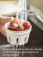 Gomakren Ceramic Berry Basket Set of 2, Round Fruit Bowl with Holes, Small Fruit Basket Containers for Kitchen Counter, Berries, Strawberry, Grape, Cherry, White