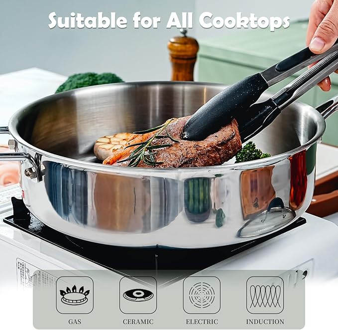 Tri-Ply Stainless Steel Saute Pan with Lid, 5 Quart Deep Sauté Pan with Stay Cool Handle,11.5 Inch Frying Pan,Dishwasher and Oven Safe,Induction Stainless Steel Cookware