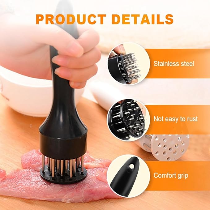 Stainless steel meat tenderizing tool, meat pounding hammer, equipped with 21 sharp needles, used for tenderizing and pounding steaks, beef, pork, chicken, grilling, and fish (Black)