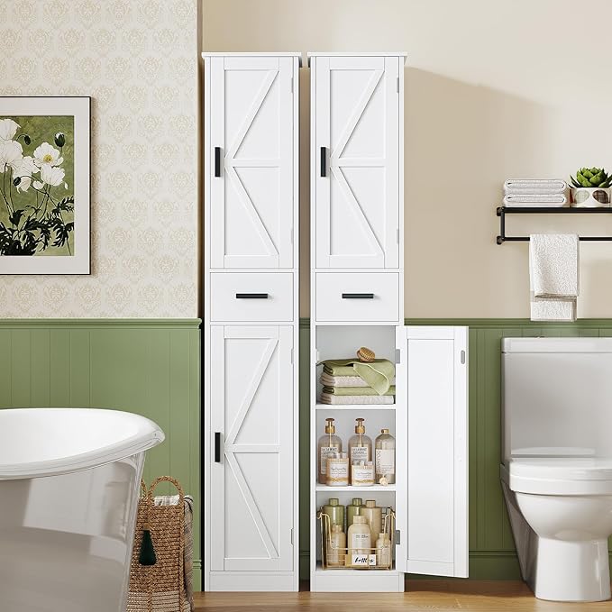WEENFON 67 Tall Bathroom Cabinet with 6 Shelves & 1 Drawer, Narrow Storage Cabinet with Adjustable Shelves, Silm Cabinets for Bathroom, Living Room, Kitchen, White