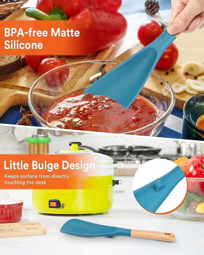 Cooking Spoon for Nonstick Cookwares, Great for Cooking and Serving Sturdy BPA-Free Matte Silicone, Wood Handle Spoon for Mixing, Scoop, and Scrape (TURQ)