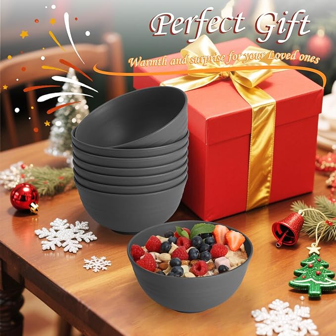 Hoimenly Wheat Straw Bowls for Kitchen, Unbreakable Cereal Bowl Set of 8, 26oz Microwave and Dishwasher Safe Bowls Set for Party, Camping, Alternatives to Plastic Bowl, Stackable Soup Bowls(Dark Grey)