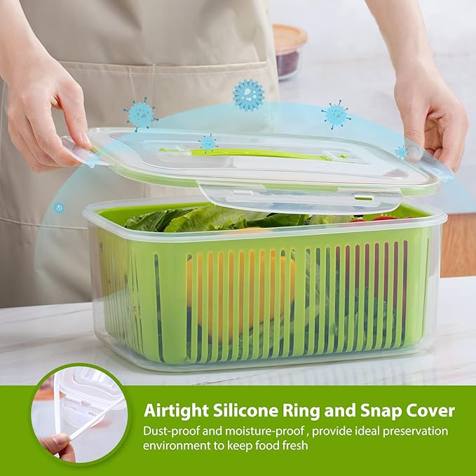 LUXEAR Fruit Vegetable Produce Storage Saver Containers with Lid & Colander 5 Packs BPA-Free Plastic Fresh Keeper Set | Refrigerator Fridge Organizer | for Salad Berry Lettuce Food Celery - Green