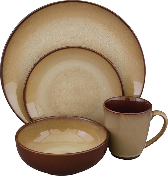 Sango Nova 16-Piece Casual Brown Stoneware Dinnerware Set – Service for 4, Includes Coffee Mugs & Plates, Earthy Brown Reactive Glaze, Microwave & Dishwasher Safe, for Everyday Dining & Entertainment