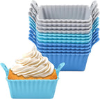 Koluti Nonstick Silicone Muffin Baking Cups Pack of 12, Reusable Cupcake Molds with Double Handle, BPA Free, Mini Rectangle Air Fryer Cupcakes Liner, 3 Colors