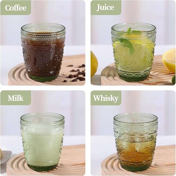 6Pcs Green Drinking Glassware, 10oz Drinking Glasses, Heavy Duty Glass Cups, Colored Embossed Glasses Set for Party Wedding Home Office Glassesware Gift