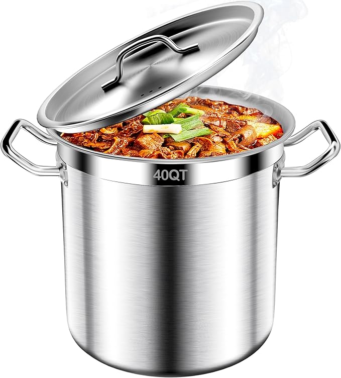 Large Stock Pot-40QT Stainless Steel Stockpot with Lid, Heavy Duty Tri-Ply Bottom Commercial Grade Stock Pot & Stockpots for Boiling Cooking Soup Stew Canning Cooking Pots,Big Stockpot, Deep Cookware