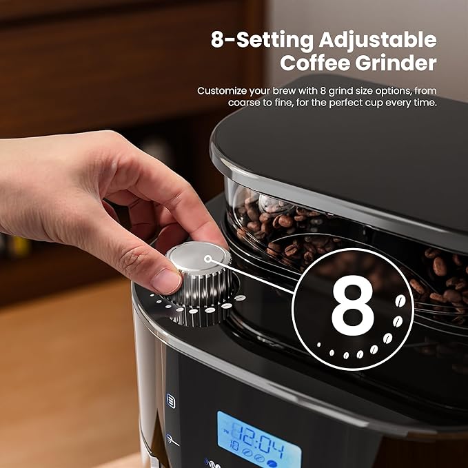 Kismile 10-Cup Digital Drip Coffee Maker with Built-In Grinder, 12-Hour Timer, Programmable, 1.5L Water Tank, Keep-Warm Function, Combo Brewer and Grinder for Home & Office Use