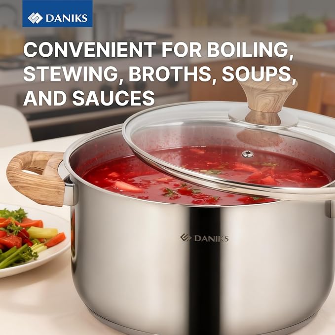 Daniks Oslo 10-Piece Stainless Steel Induction Cookware Set – Dishwasher Safe Saucepan, Frying Pan, Pots with Stay-Cool Handles, Glass Lids, Silver