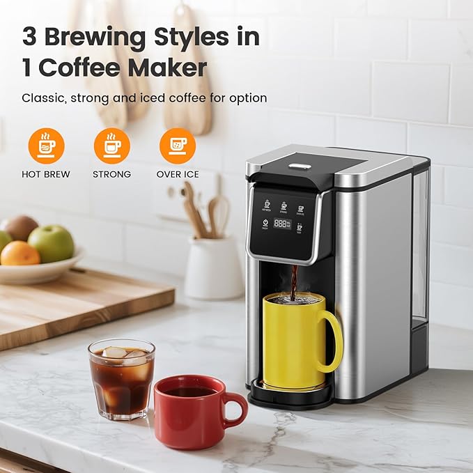 Single Serve Coffee Maker for K-Cup Pod and Grounds, Hot and Iced Coffee Maker, Strong Button Feature, 6 to 14oz Brew Sizes, 50oz Removable Reservoir, Up to 6.5 Inch Cup, Stainless Steel, Black