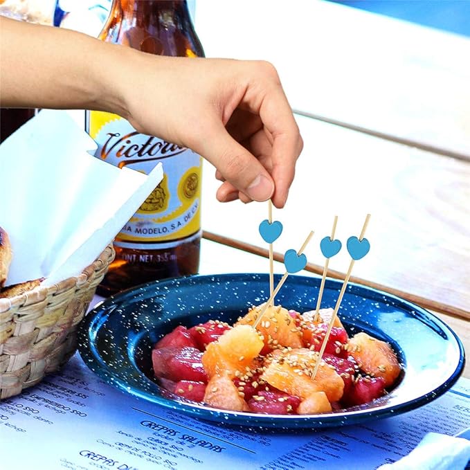 Minisland Sky Blue Love Heart Cocktail Picks, 4.7 Inch Long Bamboo Fancy Toothpicks for Appetizers, Decorative Baby Shower Wedding Valentines Party Food Drinks Fruit Skewer Sticks 100 Counts -MSL133