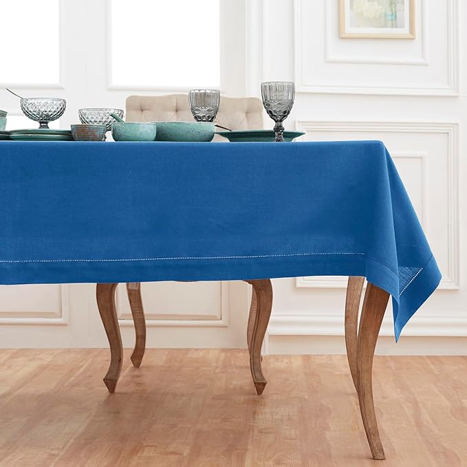 Solino Home Linen Indigo Blue Tablecloth 60 x 90 Inch - Classic Hemstitch, 100% Pure Linen Rectangular Tablecloth - Machine Washable Table Cloth for Fall, Autumn