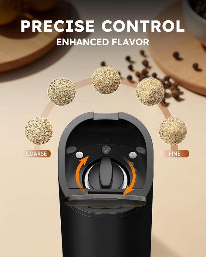 Sangcon Gravity Electric Salt and Pepper Grinder Rechargeable with Dust Cover, Large Capacity, Adjustable Coarseness, LED Light, One Hand Automatic Salt Pepper Shaker Mill, House Warming Gifts