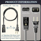 HASMX Power Cord 36" for West Bend Slow Cooker 84114 84124, Replacement Part 2pin Cord Black 3ft Length (1-Pack)
