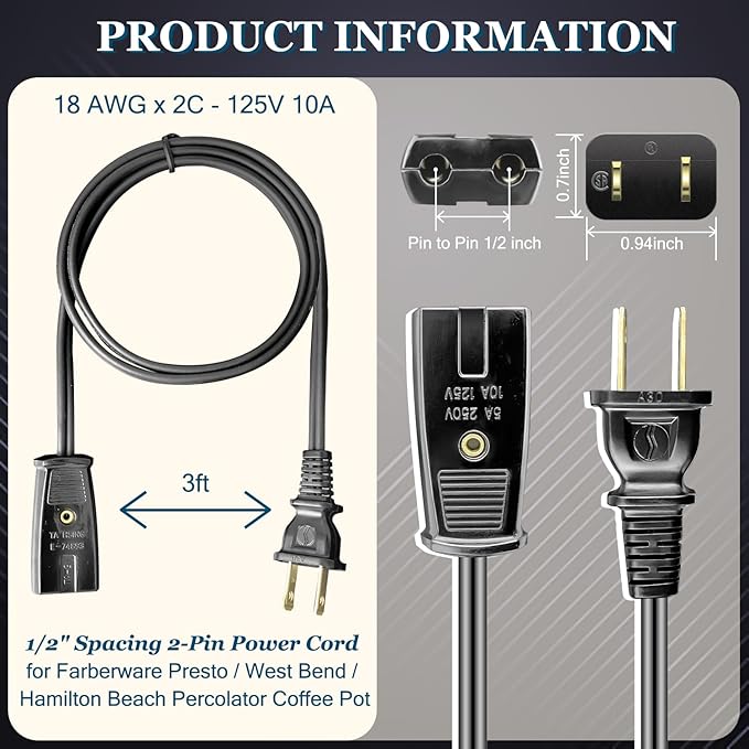 HASMX Power Cord 36" for West Bend Slow Cooker 84114 84124, Replacement Part 2pin Cord Black 3ft Length (1-Pack)