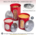 Mixpresso 3-Piece Red Canisters Sets For The Kitchen, Airtight Canister Set With See Through Window, Storage Jars for Coffee Container, Tea Organizer & Sugar Canister, Red Kitchen Canisters