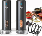 Electric Salt and Pepper Grinder Set Automatic Pepper Mill Shakers Adjustable Coarseness Easy Filling Upgraded USB Rechargeable Electric Spice Mill Set with Led (2 Pack Black/Black）