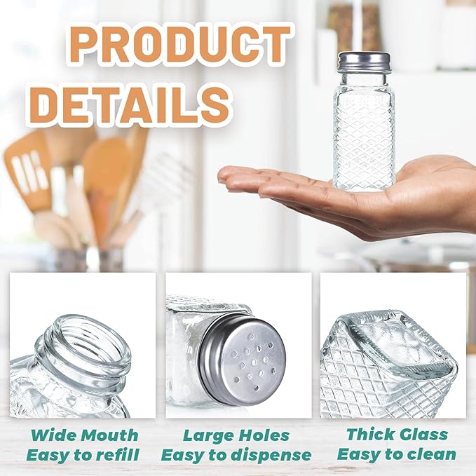 2 Pack Glass Salt and Pepper Shakers Set, Vintage Spice Shakers for Dining Room Table, Kitchen, Restaurant (Grid Pattern)