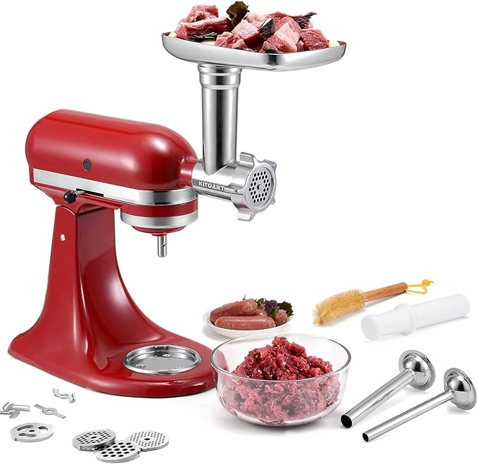 Metal Food Grinder Attachments for KitchenAid Stand Mixers, Meat Grinder, Sausage Stuffer, Perfect Mixer Attachment for KitchenAid Mixers, Silver(Machine/Mixer Not Included)