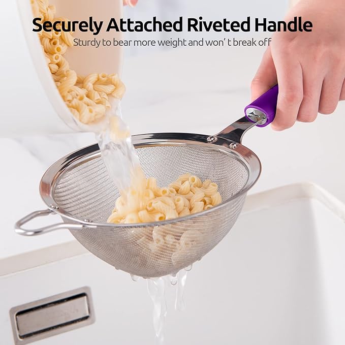 18/8 Stainless Steel Mesh Strainer: U-Taste 5.5 Inch Kitchen Fine Mesh Sieve Food Colander with Riveted Sturdy Silicone Handle and 30 Mesh Hole for Straining Flour, Pasta, Fruit, Quinoa (Purple)